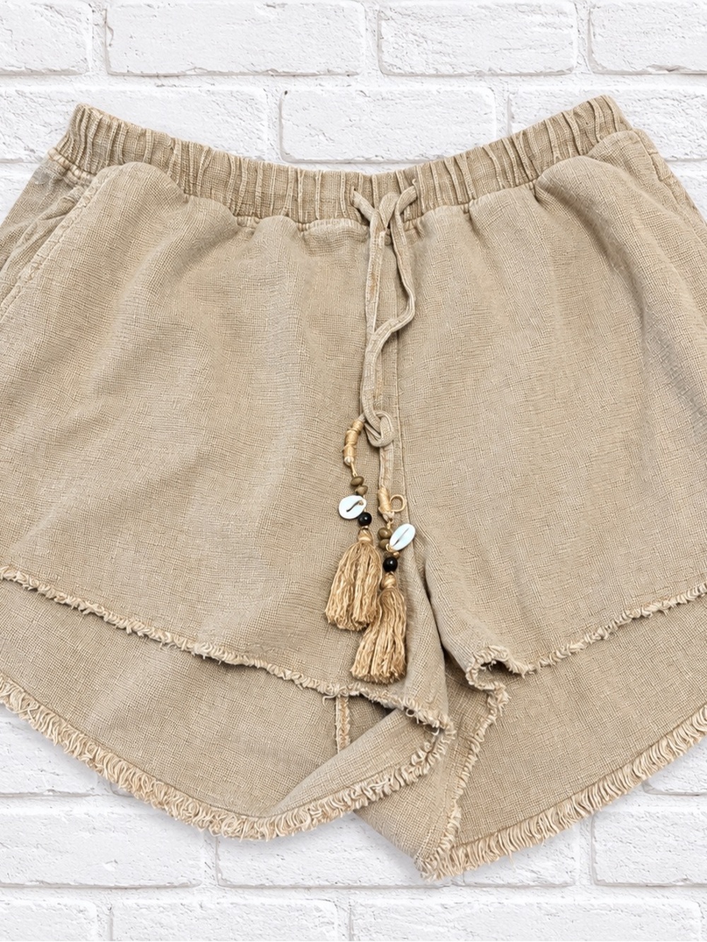aerie Neutral Tassel Linen-Blend Drawstring Shorts